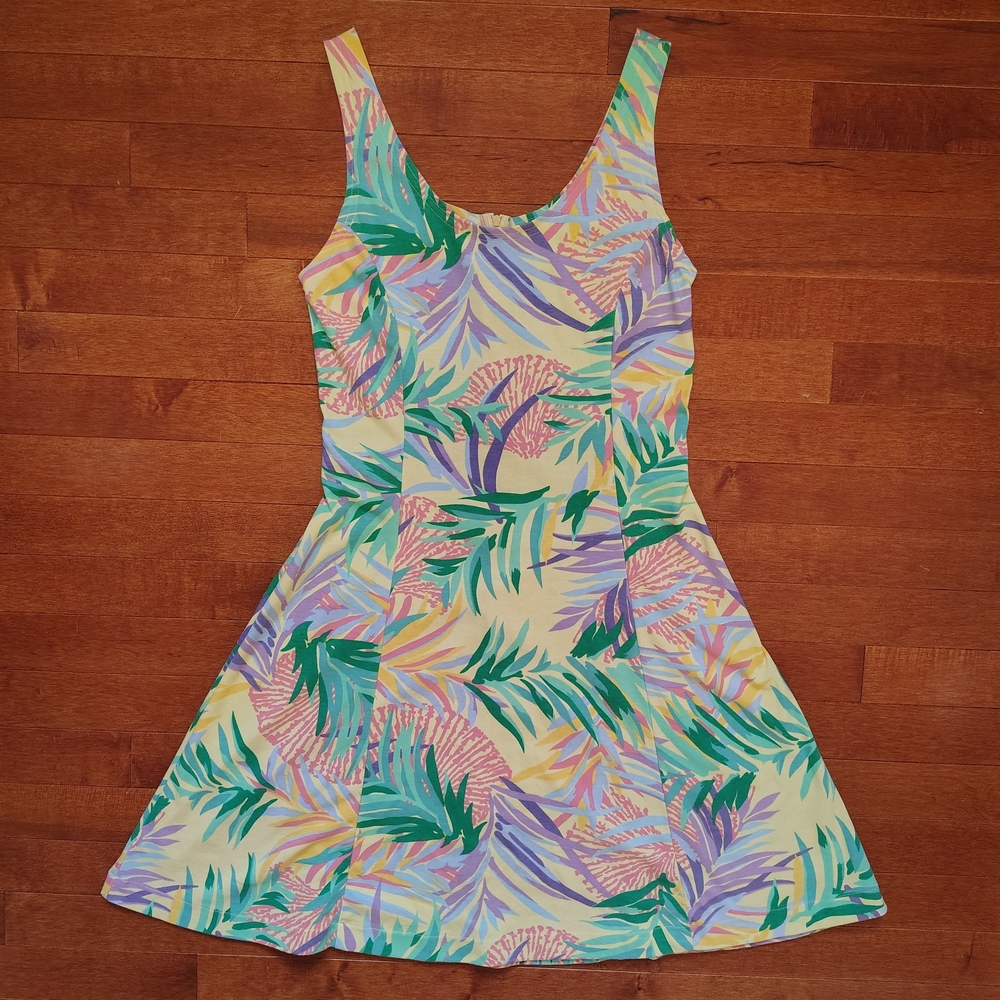 Vintage 90s Cotton Tropical Palm Print Seashell Fit & Flare Dress- S/M